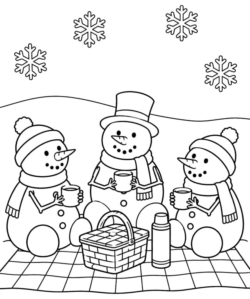Three snowmen with mugs on a checkered blanket beside a picnic basket and thermos, snowflakes above