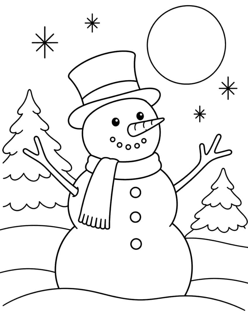Snowman with top hat, scarf and twig arms beside two fir trees, a full moon and snowflakes