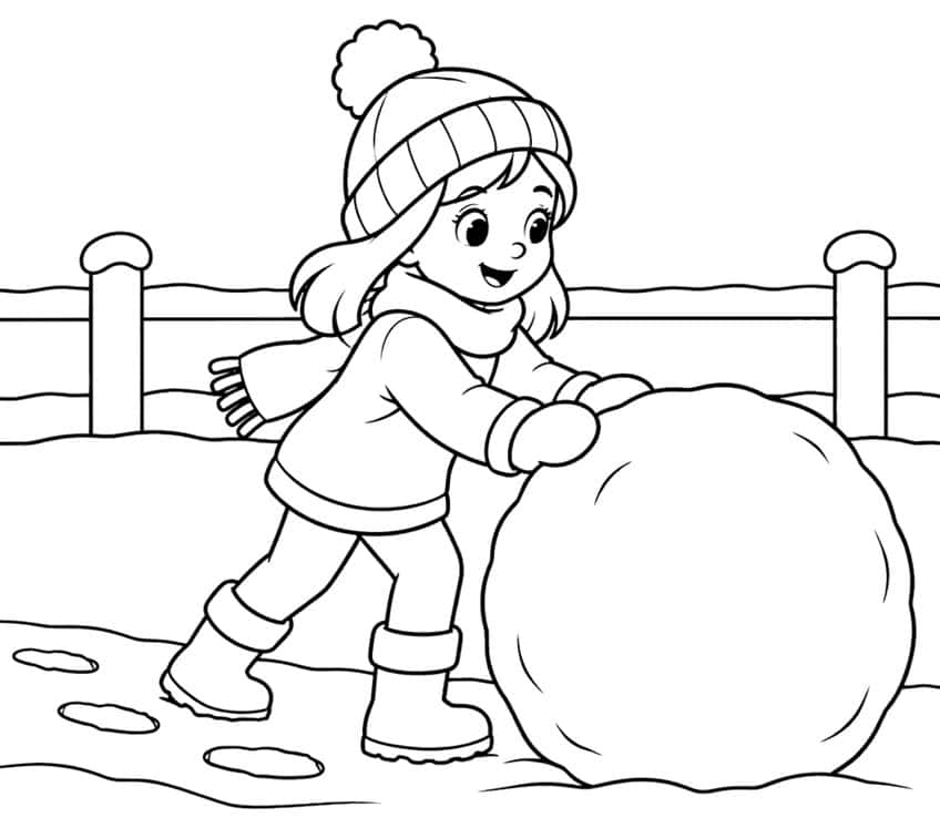 Girl in pom-pom hat and scarf pushing a big snowball past a snowy fence, with footprints behind
