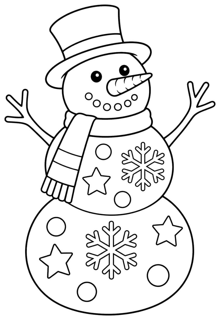Snowman in top hat and striped scarf with snowflakes, stars and circles on its body