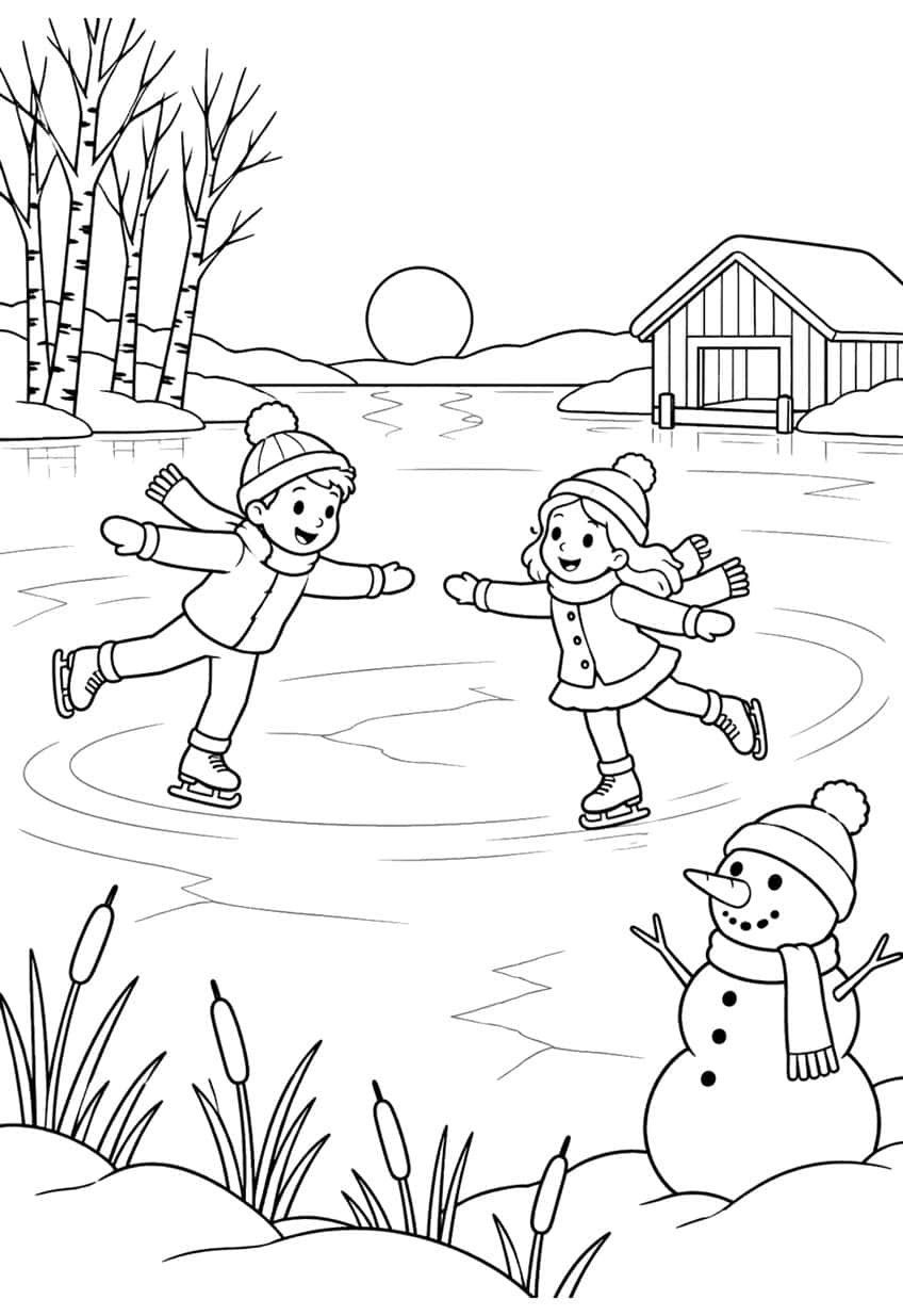 Two children ice skating on a pond with birch trees, a boathouse, cattails and a snowman