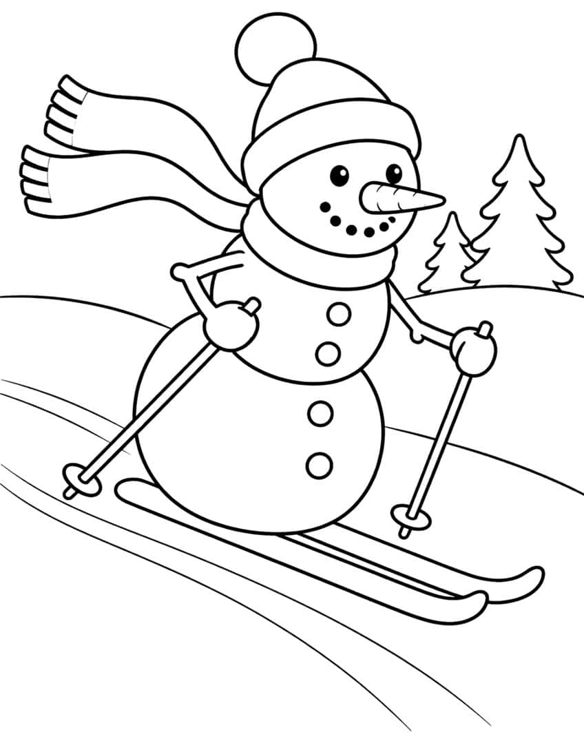 Snowman on skis with ski poles, pom-pom hat, long scarf, buttons and two fir trees on a hill