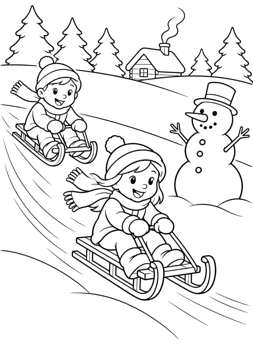 Two children on sleds going downhill, a top-hat snowman, a log cabin and fir trees