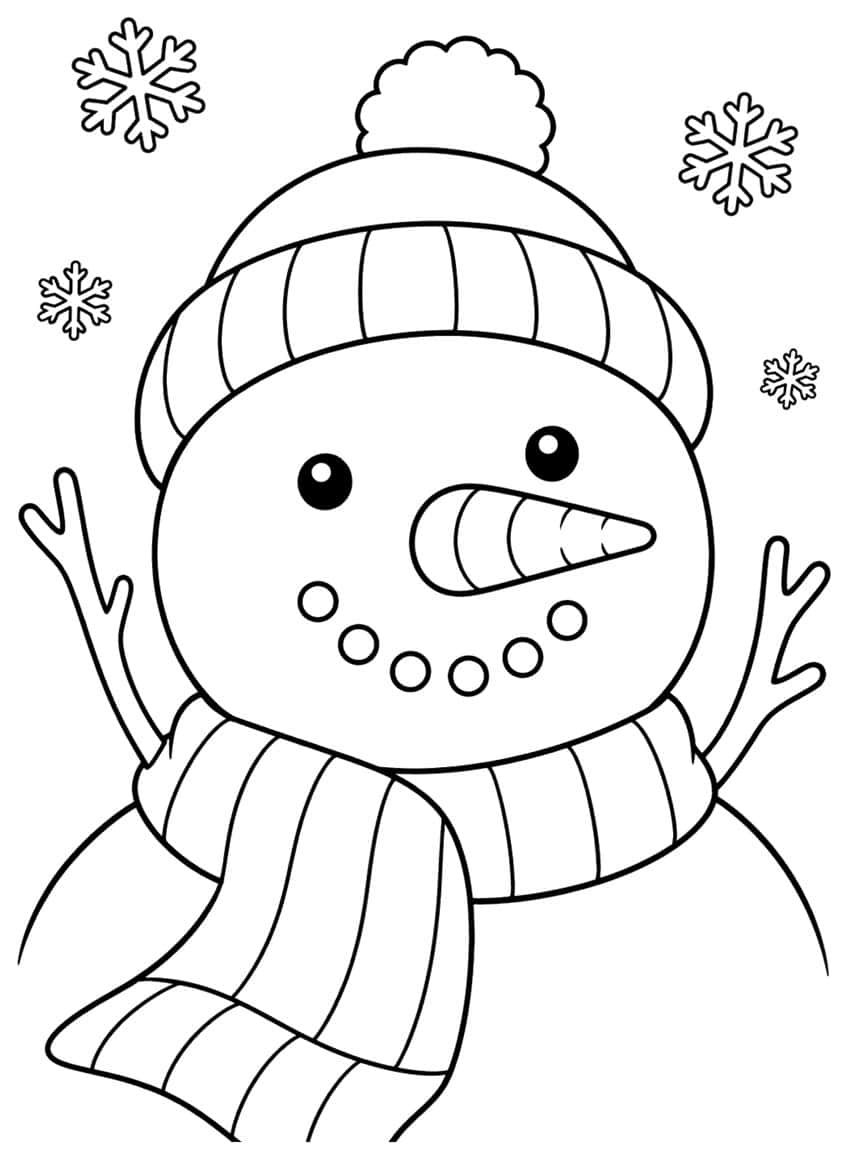 Snowman face with pom-pom hat, carrot nose, striped scarf, twig arms and four snowflakes