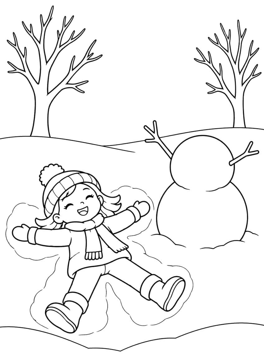 Girl in a pom-pom hat making a snow angel next to a snowman, with two bare trees behind
