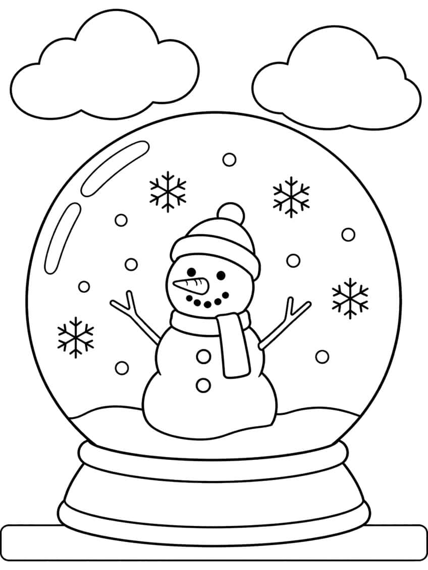 Snow globe with a snowman in a hat and scarf, snowflakes, two clouds and a ribbed base