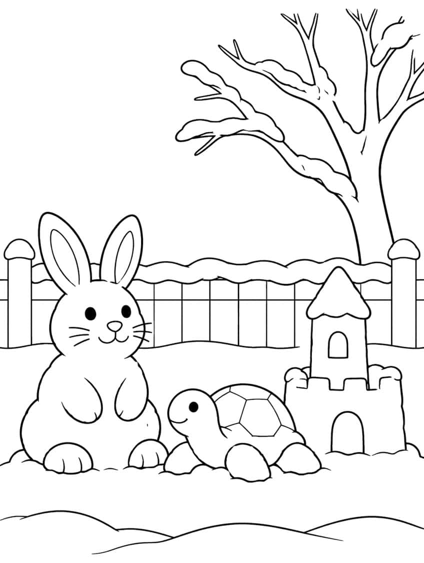 Snow bunny, turtle and castle sculptures by a fence and a bare snowy tree