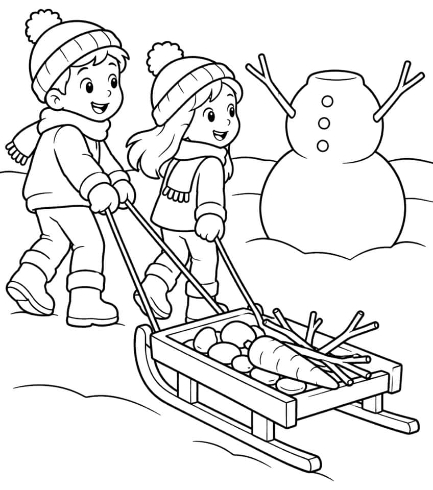 Boy and girl pulling a sled with a carrot, sticks and stones toward a snowman with twig arms