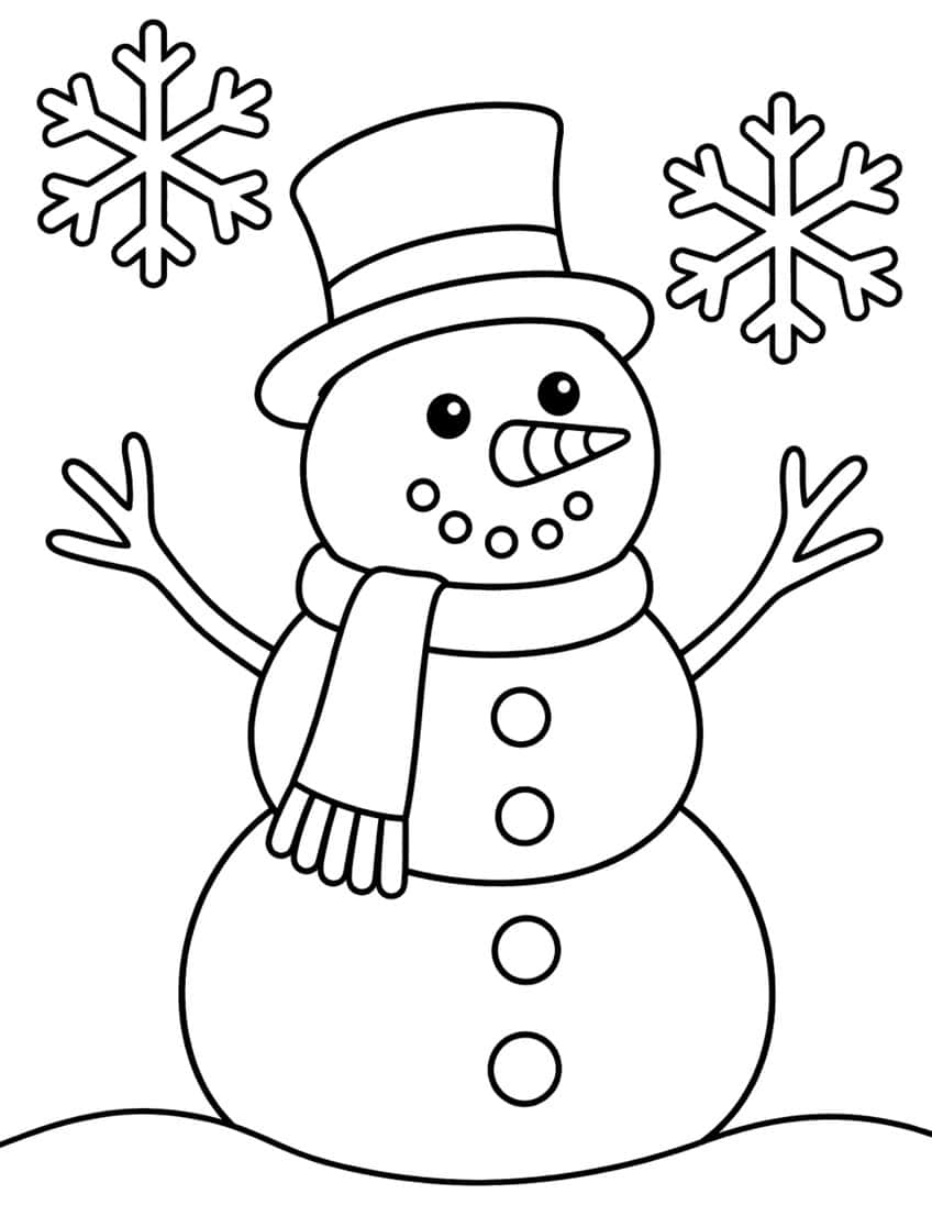 Snowman with top hat, scarf, carrot nose, four buttons and twig arms, with two snowflakes above