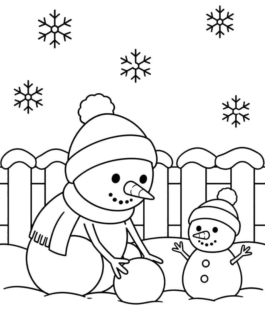 Big snowman with scarf rolling a snowball beside a tiny snowman, snowy fence and five snowflakes