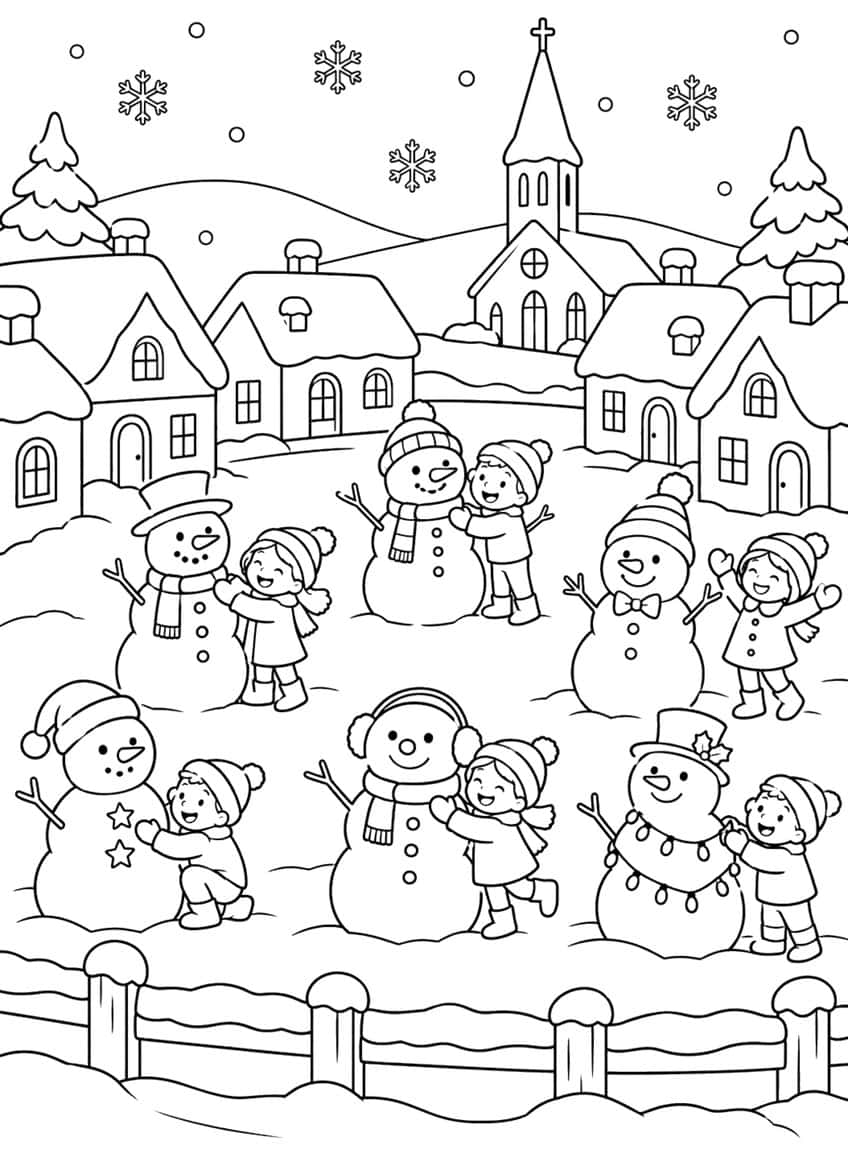 Six snowmen with children in a snowy village with a church, cottages, fir trees and a fence