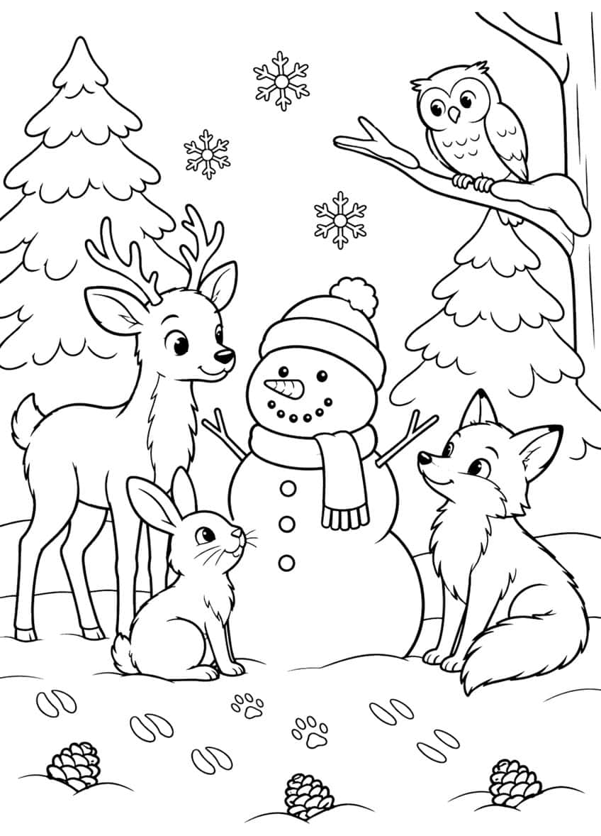 Snowman with hat and scarf surrounded by a deer, fox, rabbit and owl, fir trees, snowflakes and pine cones