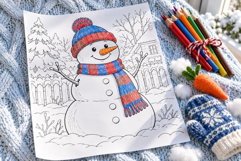 snowman coloring page partly colored in with pencils