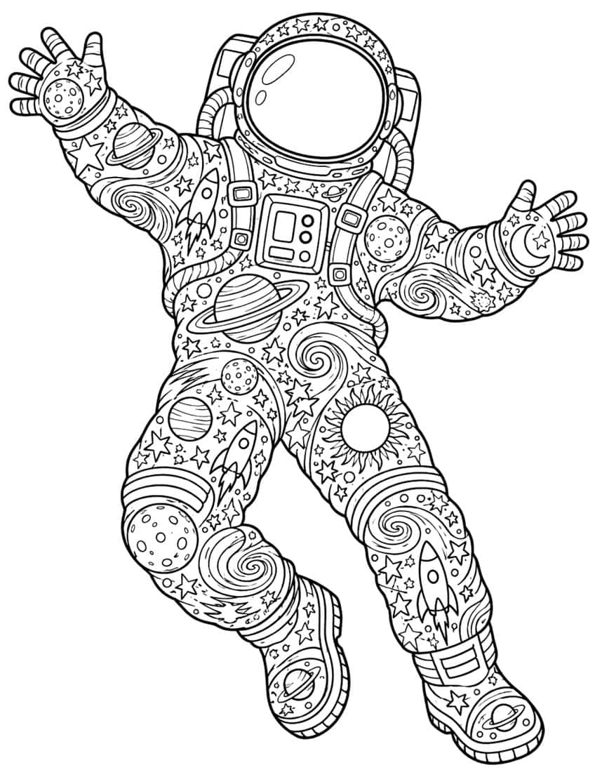 Coloring page of a floating astronaut whose suit is covered in stars, rockets, planets and galaxy swirls