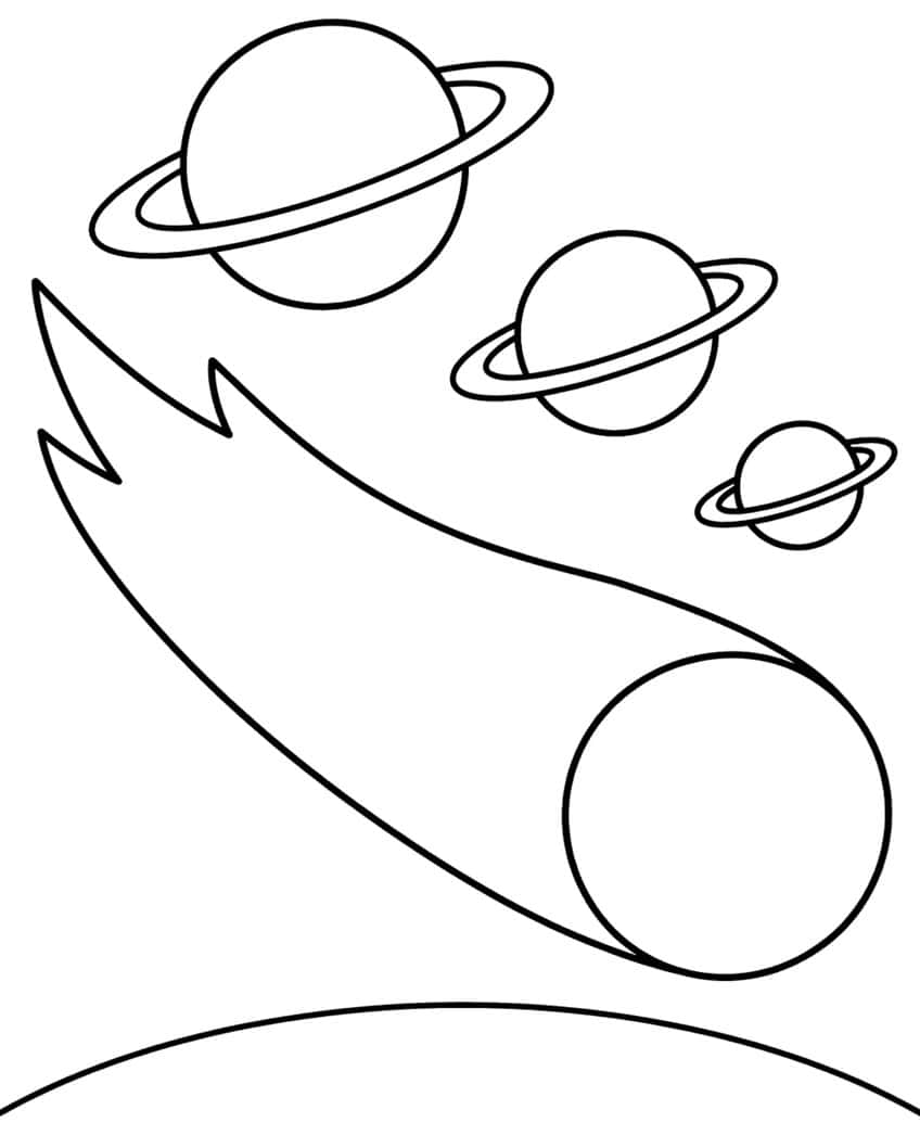 Coloring page of a comet with a long tail passing three ringed planets