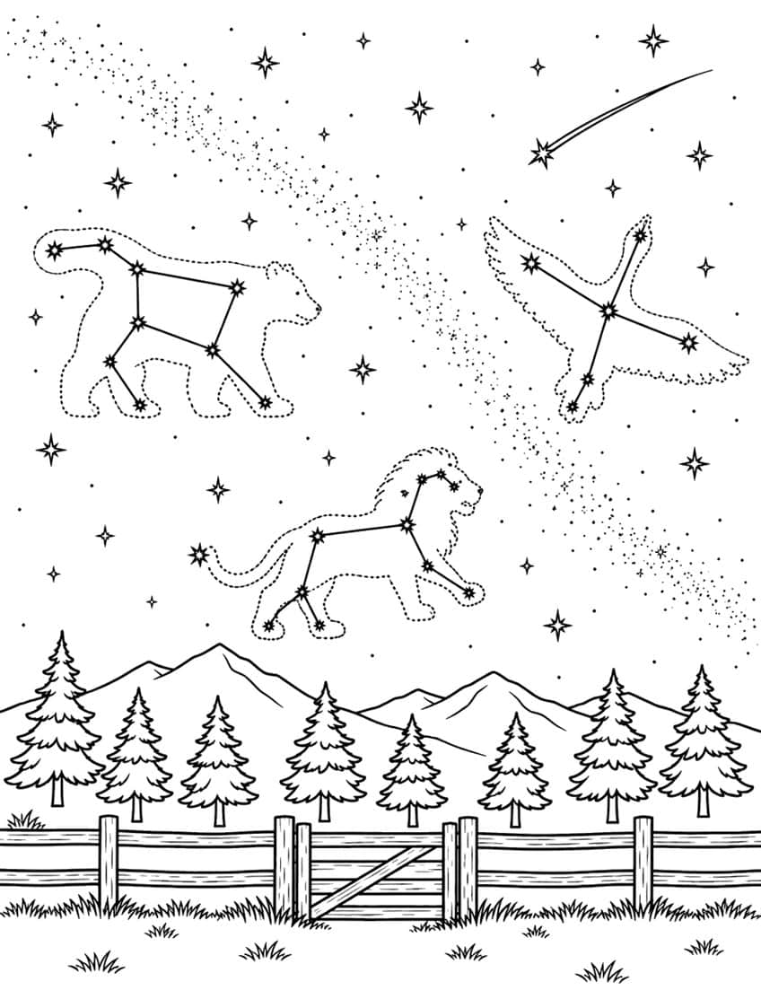 Coloring page of bear, lion and swan constellations above pine trees, mountains and a fence