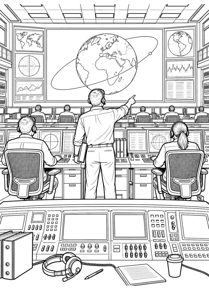 Coloring page of a mission control room with a man pointing at Earth on a large screen