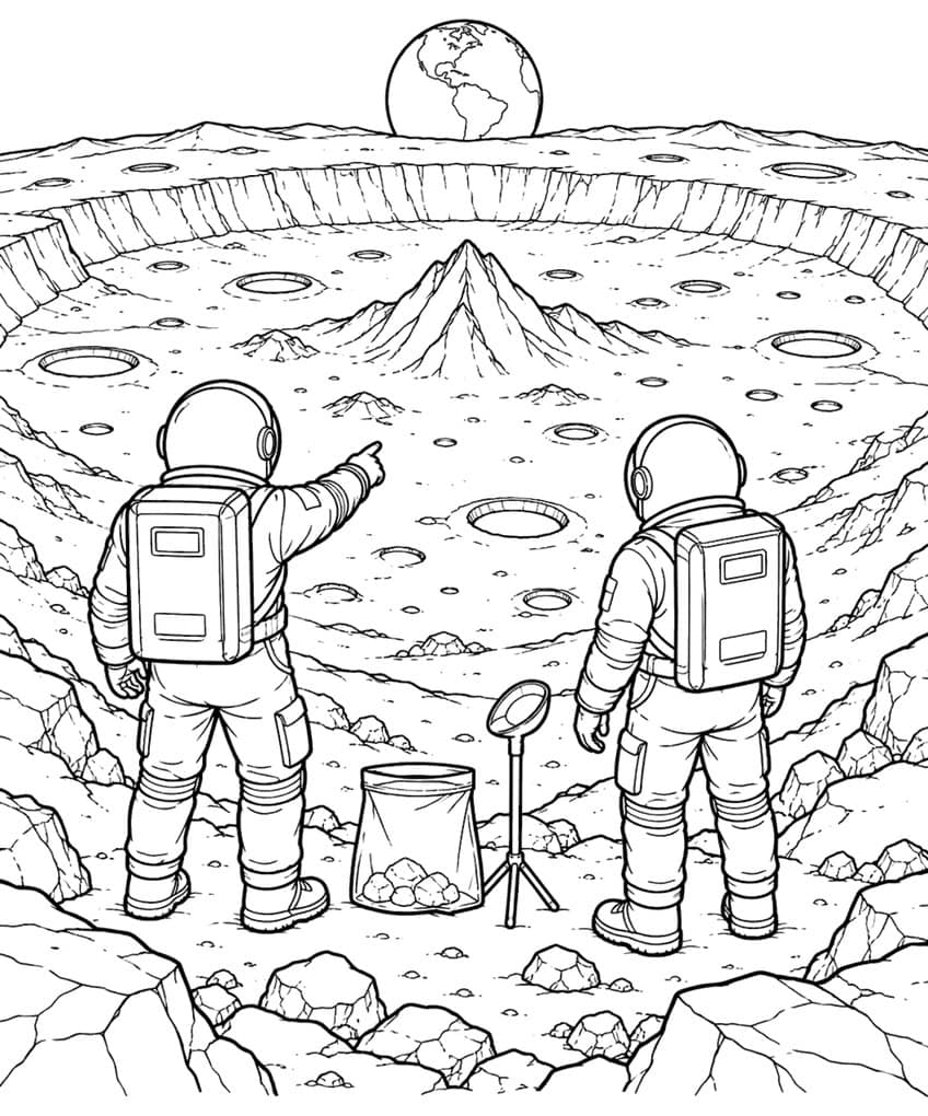 Coloring page of two astronauts at a Moon crater with rock samples and Earth on the horizon
