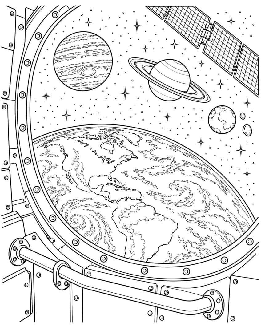 Coloring page of Earth seen through a spaceship window with Jupiter, Saturn and stars