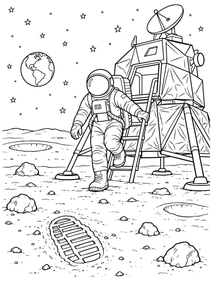 Coloring page of an astronaut leaving a lunar lander, a boot print on the Moon and Earth in the sky