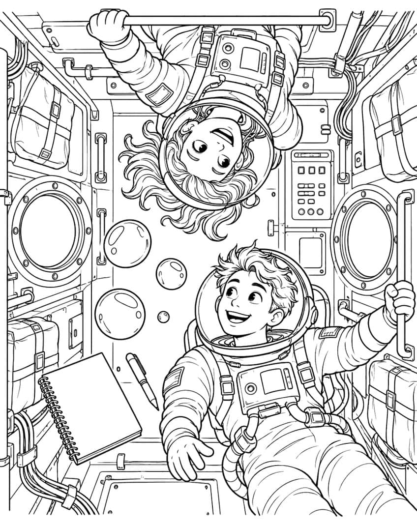 Coloring page of two astronauts floating in a space station with bubbles, notebook and pen