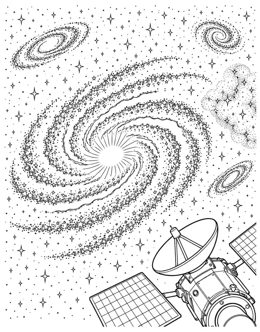 Coloring page of a spiral galaxy, small galaxies, stars and a satellite with a dish