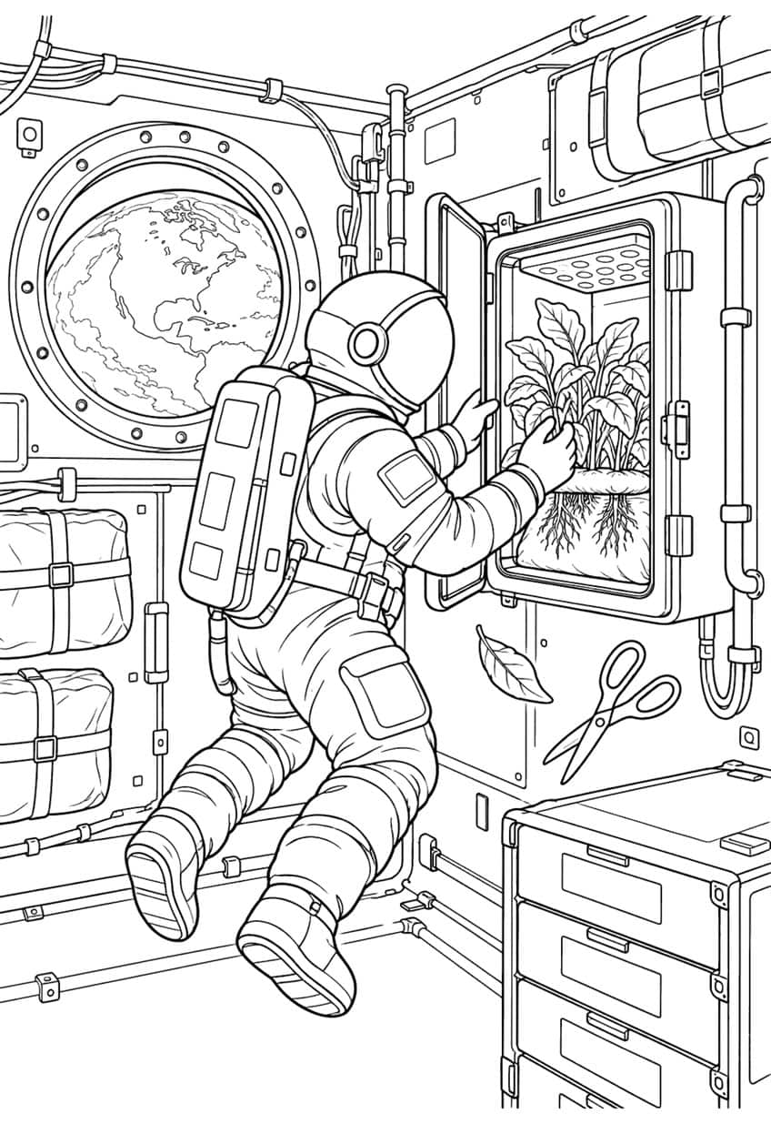 Coloring page of an astronaut tending plants in a space station grow cabinet