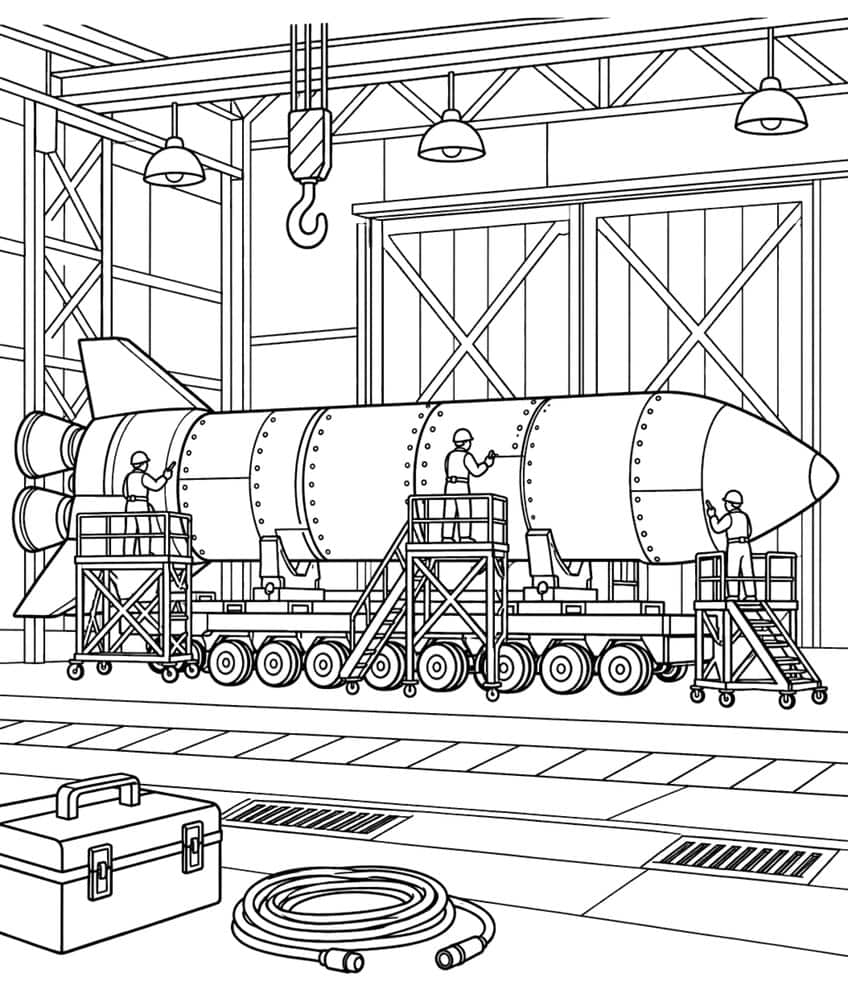 Coloring page of workers assembling a rocket on a wheeled transporter inside a hangar