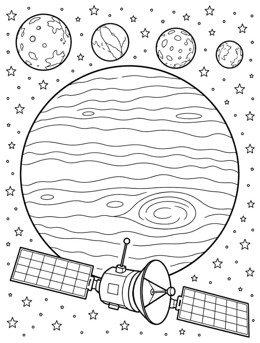 Jupiter coloring page with cloud bands, four moons, a space probe and stars