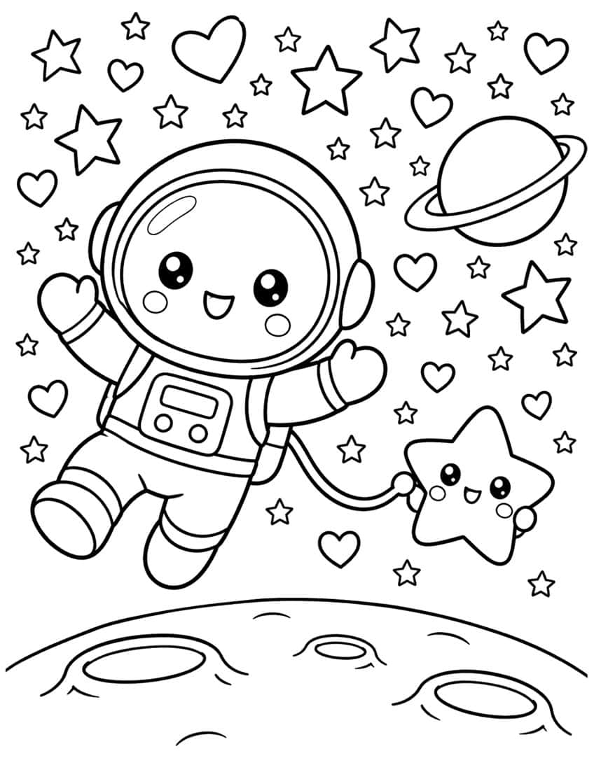 Kawaii astronaut floating above the moon with a smiling star, ringed planet, hearts and stars