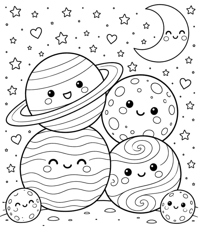 Coloring page of smiling kawaii planets, a crescent moon, stars and hearts