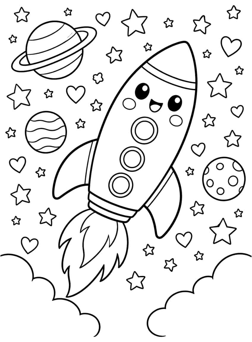 Coloring page of a smiling cartoon rocket flying past planets, stars and hearts