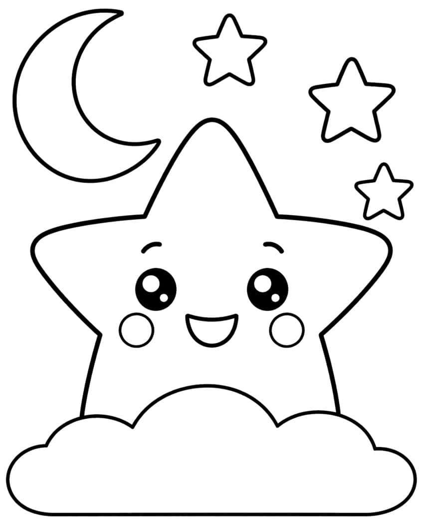 Coloring page of a smiling kawaii star on a cloud with a crescent moon and three small stars