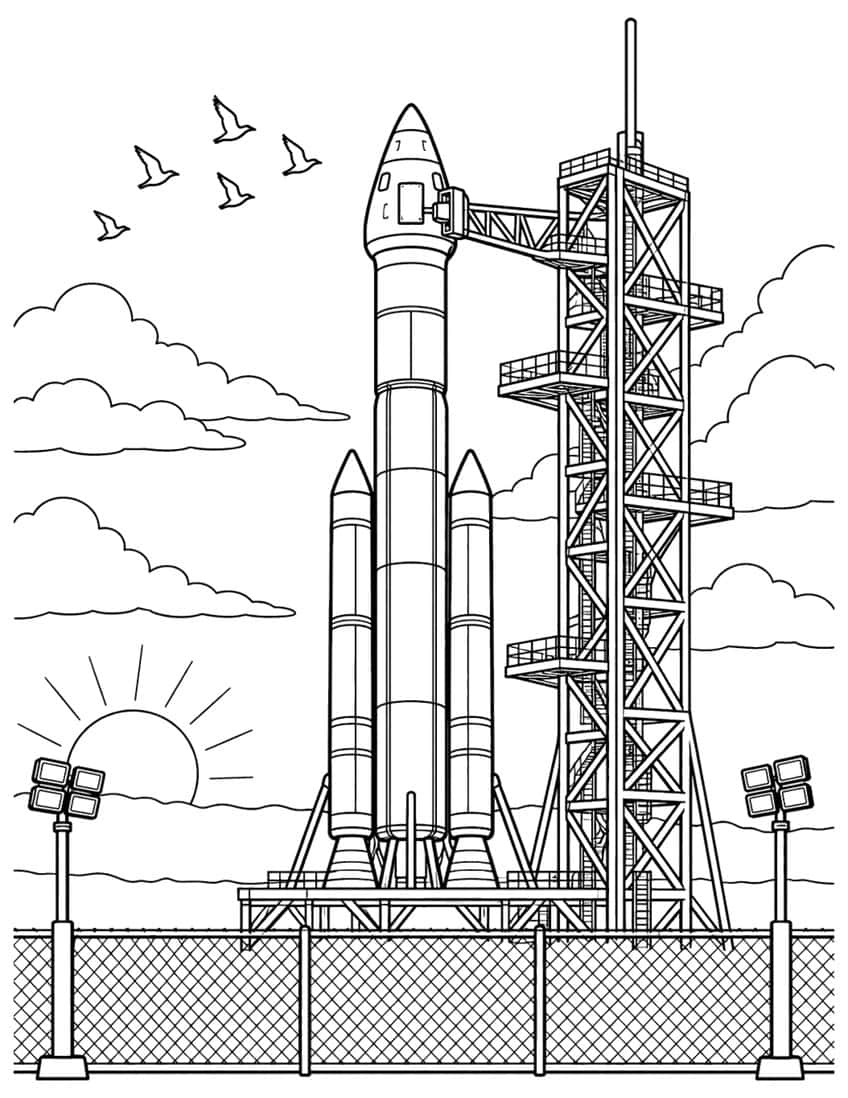 Coloring page of a rocket beside a launch tower at sunset, with birds, clouds and a fence