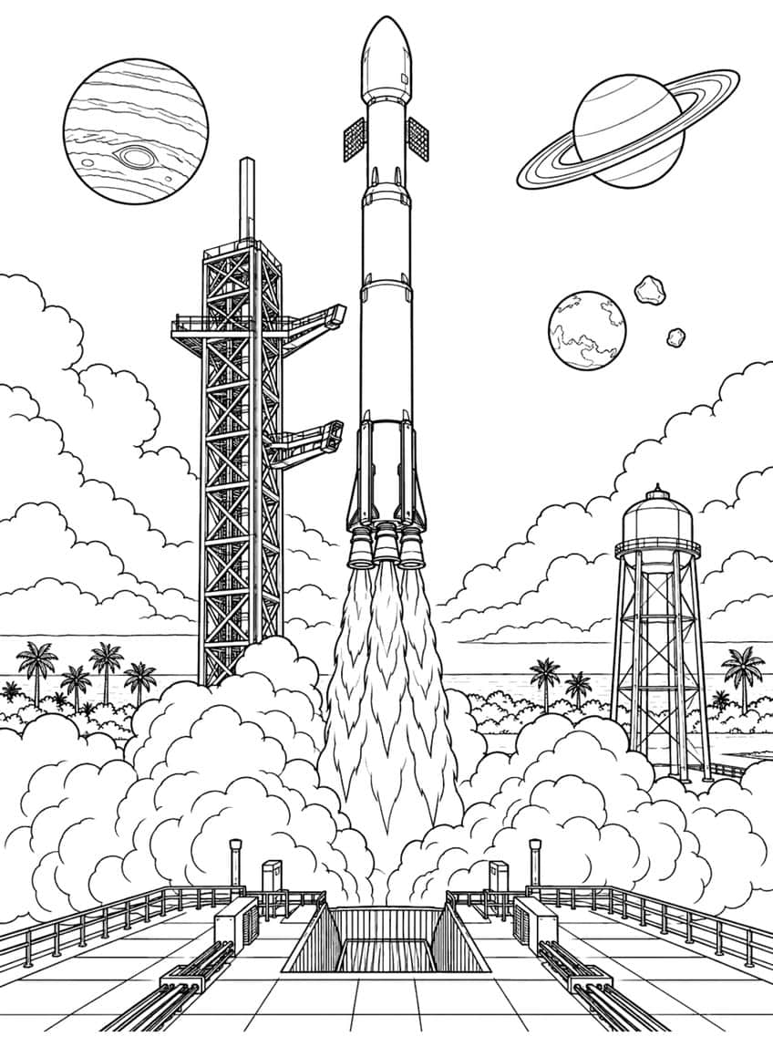 Coloring page of a rocket launching from a pad with smoke, towers, palm trees and planets