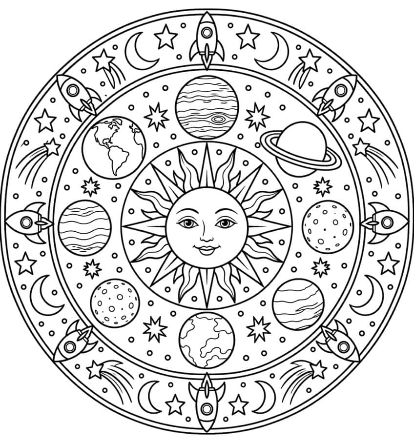 Space mandala coloring page with a sun face, planets, rockets, moons and stars