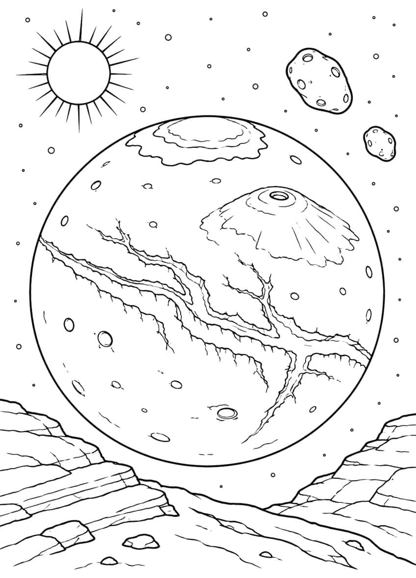 Coloring page of Mars with a volcano, canyons and craters above rocks, with the sun and two small moons