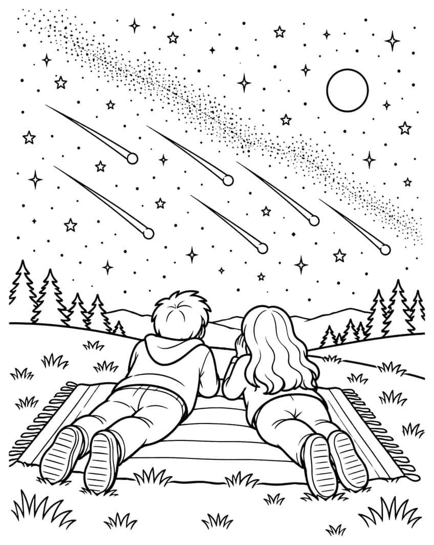 Coloring page of two children on a blanket watching a meteor shower above pine trees