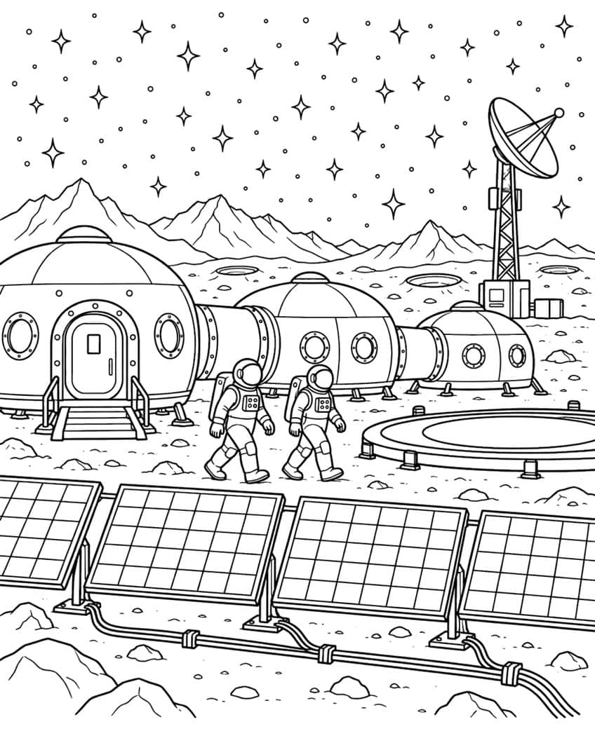 Coloring page of a moon base with dome habitats, two astronauts, solar panels and a radio dish