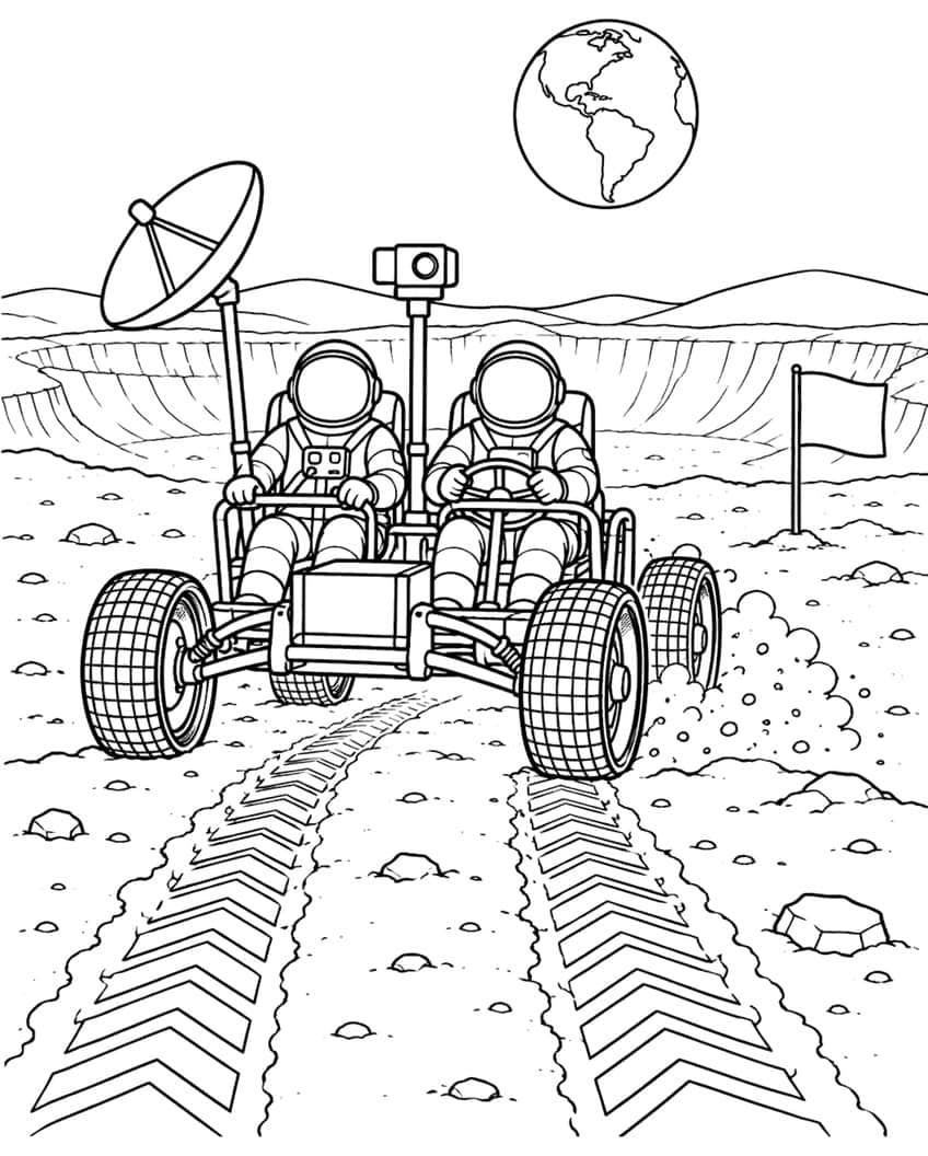 Coloring page of two astronauts driving a moon rover past a crater, with Earth in the sky