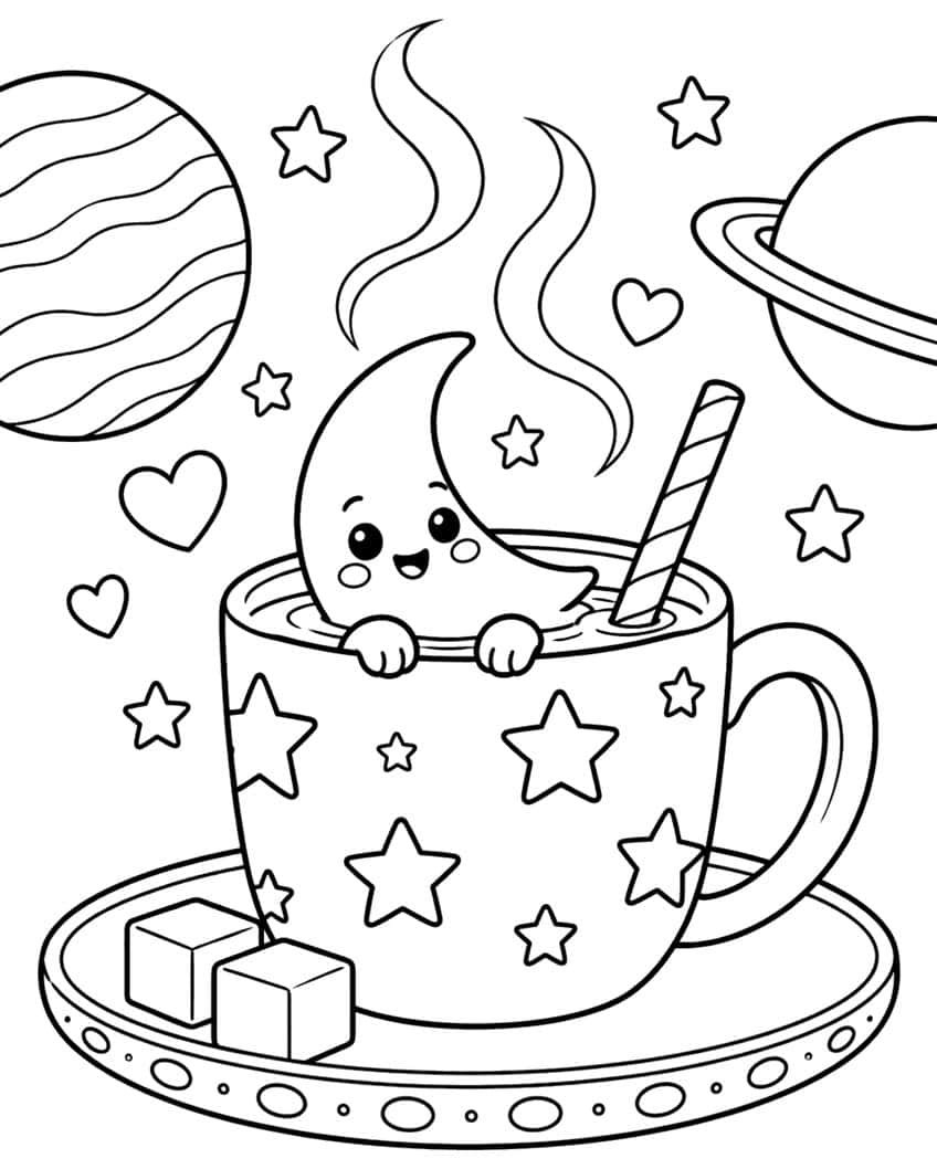 Coloring page of a smiling crescent moon in a star-covered teacup with planets and hearts