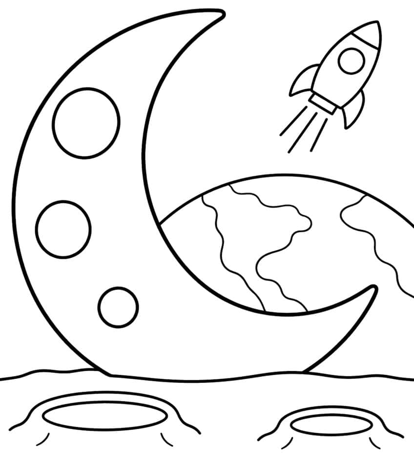 Coloring page of a crescent moon with craters, Earth behind it and a rocket flying above