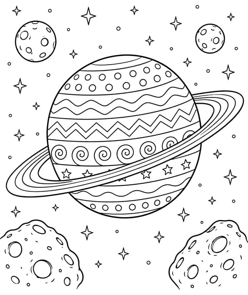 Coloring page of a ringed planet with patterned bands, two moons, asteroids and stars