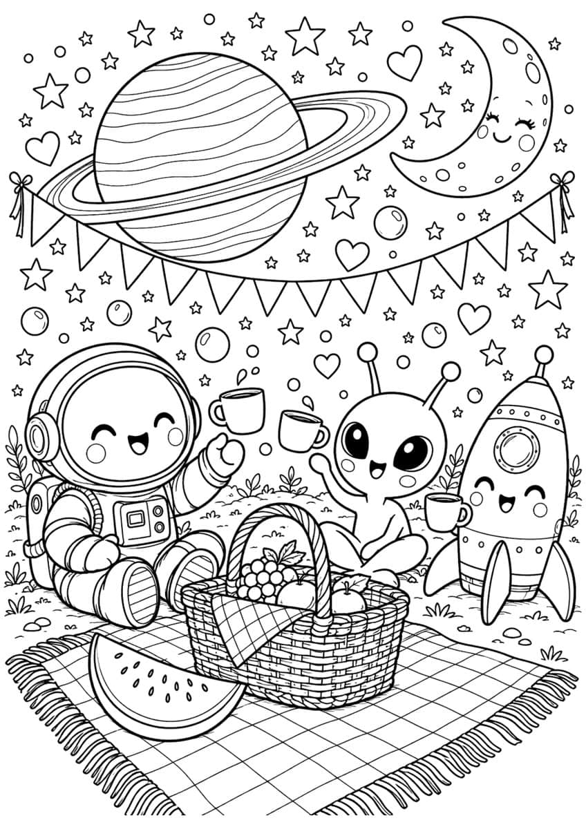 Coloring page of an astronaut, alien and rocket having a picnic under a ringed planet and a moon