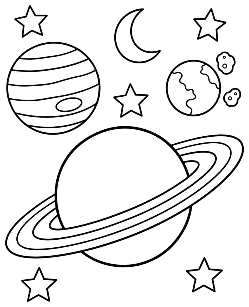 Line art of a ringed planet, a striped planet, Earth, a crescent moon, asteroids and stars