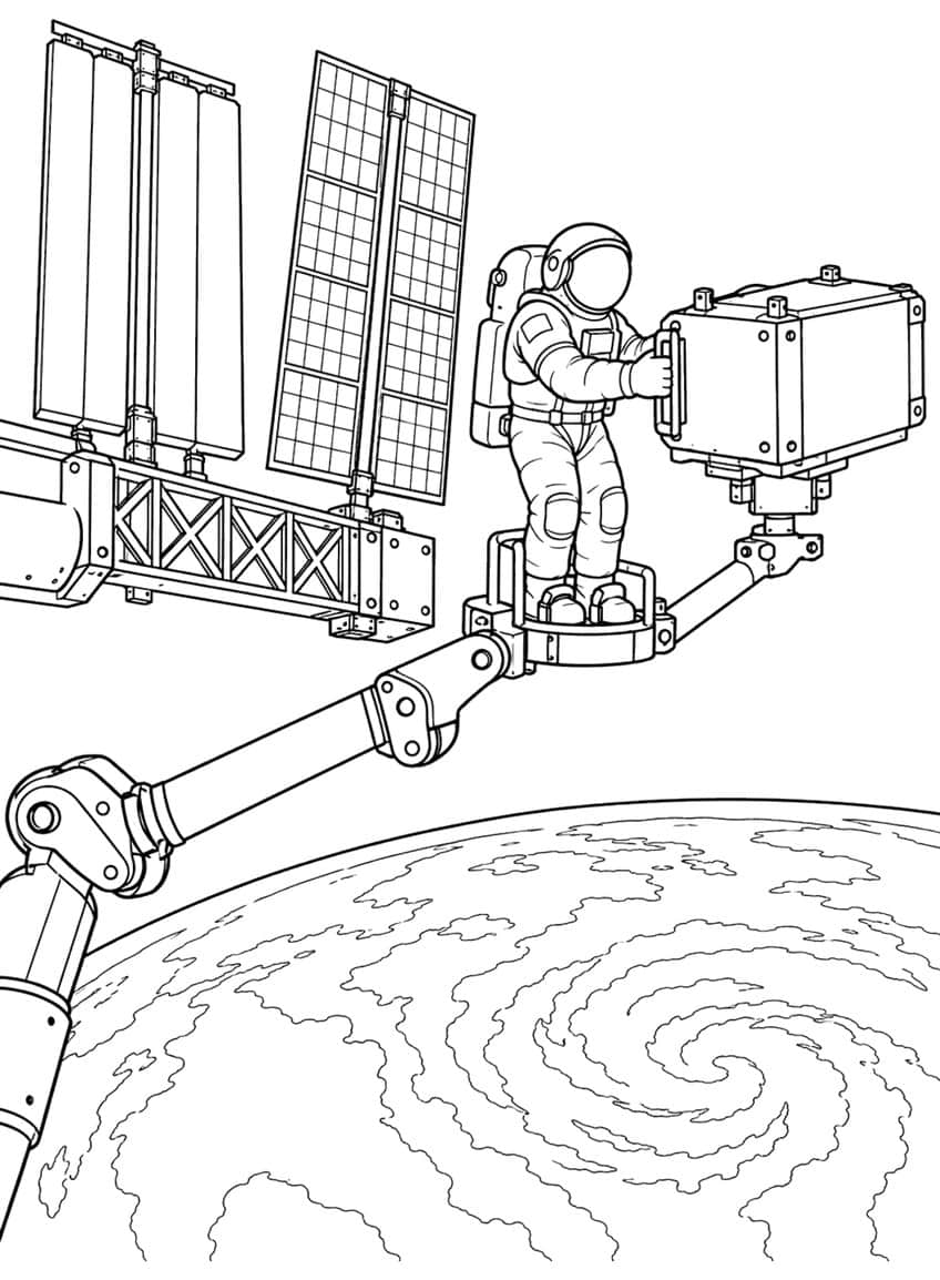 Coloring page of an astronaut on a space station robotic arm holding a box above Earth