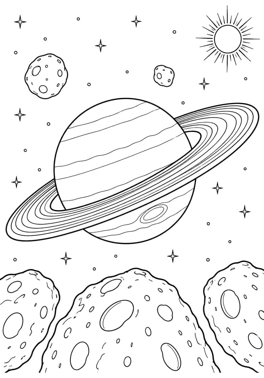 Coloring page of ringed Saturn with stars, a sun, small moons and cratered asteroids