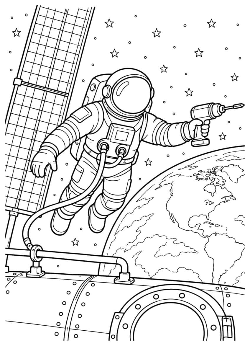 Coloring page of an astronaut on a spacewalk holding a drill beside a space station, Earth behind