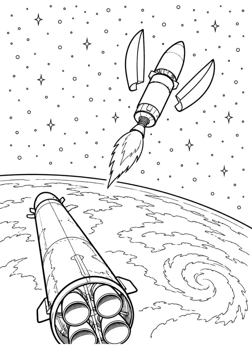 Coloring page of a rocket stage separating above Earth with a falling booster and stars