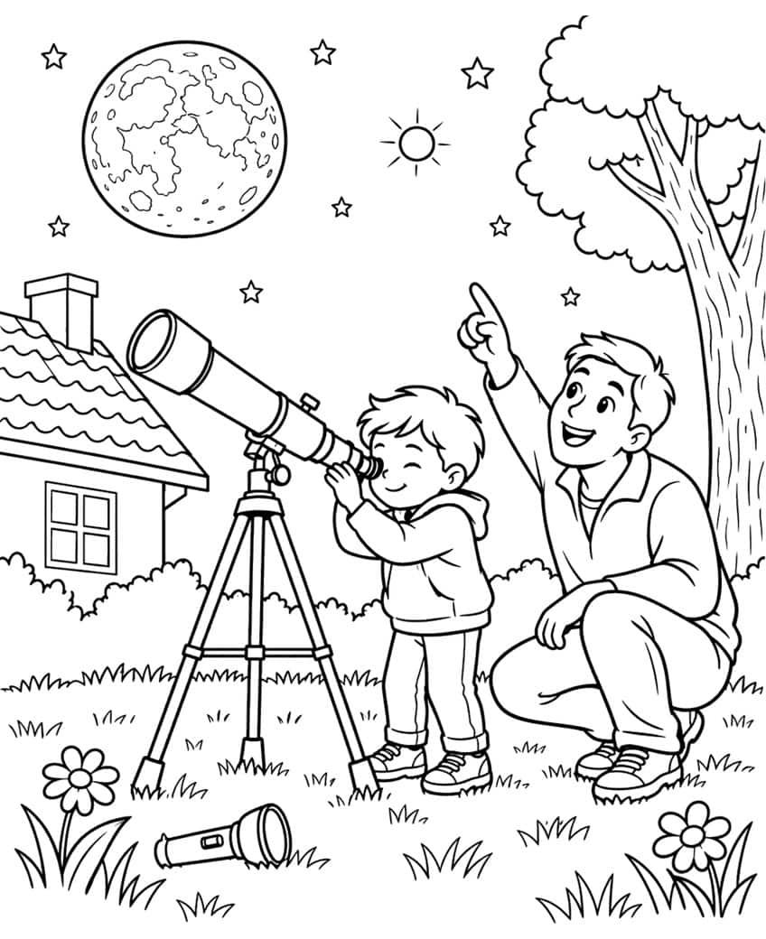 Coloring page of a boy using a telescope with his father in a backyard under a full moon